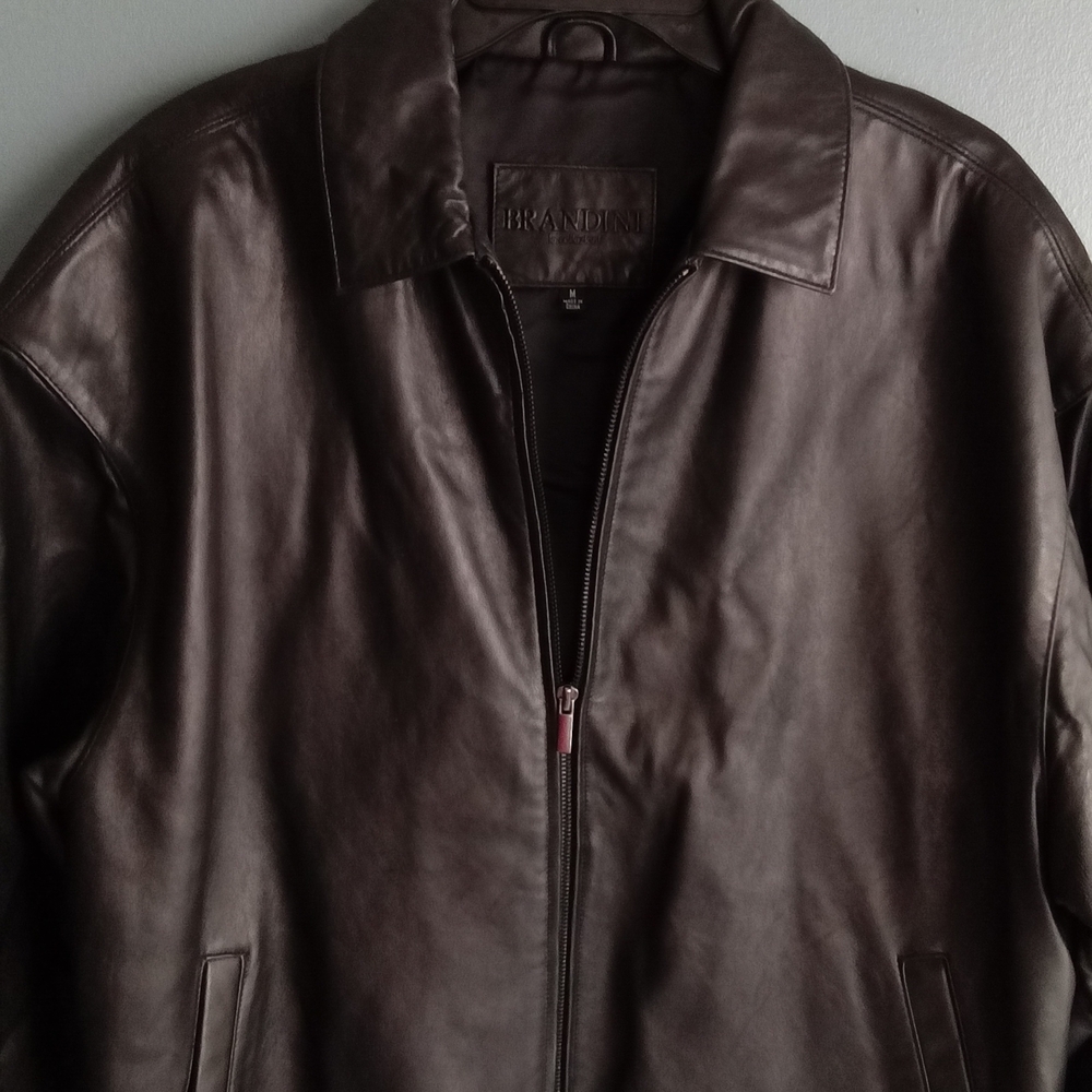 BRANDINI Mens Black Leather Bomber Jacket Size M Zip Front Collared